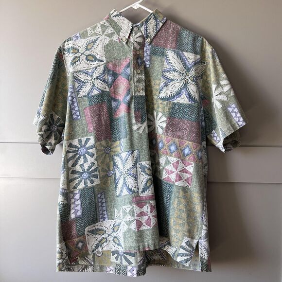Vintage Reyn Spooner Shirt Mens Large Green Hawaiian Aloha Floral Geometric 90s - Picture 1 of 10